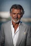 Placeholder: Portrait of a handsome older italian gentleman wearing crisp white linen suit, and an open necked shirt. His dark hair is peppered with grey, his neatly trimmed beard is dark and peppered with grey