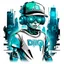 Placeholder: Vector t shirt art ready to print blue green light color graffiti illustration of a robot cyberpunk boy and a basecap with text "digi" On cap, white background.