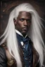 Placeholder: Forty year old steampunk steampunk ebony man whitn straight long white hair an blue eyes