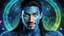 Placeholder: beautiful gorgeous young man na'vi with long hair, Avatar, blue skin, two small ears, green eyes, black hair, in cosmic suit, galactic ambiance, medium pointy goatee , smiling, nebulas and sacred geometry light figures on the backgroud,