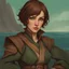 Placeholder: portrait; solid background; dungeons and dragons; human; female; short brown hair; sea green eyes; the fathomless; clothes for sea travel