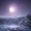 Placeholder: The giant bright moon streaks across the night sky like a big comet, amazon forest with snow and ice