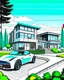 Placeholder: Architectural drawing of a luxurious modern country house, trees, people and cars, complementary colors