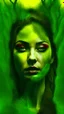 Placeholder: planet as beautiful woman, front facing , roots texture on face, very smooth colors, high contrast, Bordeaux and forest green and yellow, fog