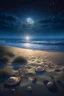 Placeholder: magic sea, beach with sand, shells, realistic, professional photo, 4k, top view, cosmic sky, stars, full moon, milki way