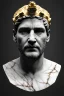 Placeholder: Ultra Realistic image, Roman sculpture, white marble material, young Diego Armando Maradona, gold crown of natural thorns, god crown, gold veins, gold ornaments, Renaissance style, sun rays background, waist up portrait, epic, celestial, cinematic lighting, God lights, 4k resolution, smooth details, soft lighting, unreal engine 5, art station, substance 3d.