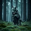 Placeholder: one gray bodyhair anthro wolf-woman hibrid hugs her two anhtro wolf-kid child on field, in background tall trees wirh big trunks, rain, down on blue-green moss, hug each other , rainy day, high contrast, high detalied, atmospheric, dark fantasy, sci-fi mood