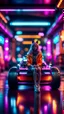 Placeholder: fast fashion wolf and dragster woman sitting on a hipster car parked in dark neon lit reflective wet arcade hall tunnel,bokeh like f/0.8, tilt-shift lens 8k, high detail, smooth render, down-light, unreal engine, prize winning