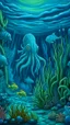 Placeholder: A blue underwater reef with a squid and Hawaiian tikis painted by Vincent van Gogh