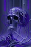 Placeholder: dark and shinny purple human skull and spine stretch out horizontally connected with wires and silver rods to a mercury pool beneath