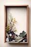 Placeholder: decorative wooden wall frame made of foliage, branches, small volcanic rocks ikebana style with a background in soft colors