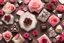 Placeholder: top view of roses, diamonds and chocolate bonbons in sunshine