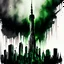 Placeholder: medium stroke Watercolor and pen illustration, Epic, dramatic long shot of dystopian New York skyline, Eldritch, faint apparitional image of waving black and green striped American Flag in the sky, sinister eldritch patriotism, dynamic composition, complex contrast, CGSociety,