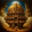 Placeholder: A dark golden mythical coliseum in the sky designed in Mayan architecture painted by Salvador Dali