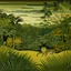 Placeholder: An olive green jungle with tigers painted by Henri Rousseau