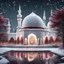 Placeholder: Hyper realistic Outside White Mosque with grass patches & maroon Minarets & frozen water fountain at snowfall night