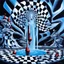 Placeholder: black and white optic art checkerboard design, hypersurreal fountain and waterfall, surreal, by Salvador Dali, Noir, matte oil painting, intricate detail, dramatic, volumetric lighting, vivid color scheme, red and crystal blue highlights, vortex art.