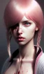 Placeholder: girl, cute, beautiful, pink hair, brown eyes, pigtails, bangs, knife in hand, blood on face, by Greg Rutkowski, big boobs, blazer, yandere