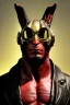 Placeholder: Medium Close Up Portrait, Front image. cyberpunk, rabbit mask helmet, strong man, gold hair. Leather suit. Black, red, color. Hellboy style. Color background, photo studio. Avatar image, highly detailed, concept art, smooth, unreal engine 5, ray tracing, RTX, lumen lighting, ultra detail, volumetric lighting, 3d, finely drawn, high definition, high resolution.