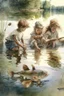 Placeholder: four kids SWIMMING AND PLAYING on beautiful lake . one of them cooking fish and the other three playing on a by Jean-Baptiste Monge, highly detailed, lighting, very attractive, beautiful, high detail, award winning, hyper-realistic, high definition, crisp quality, watercolor highly detailed Award winning photography photorealistic