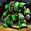 Placeholder: 90's fantasy tcg art of a giant junk mech made of multiple parts in the ruins of a post apocalyptic green sludge junkyard