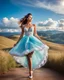 Placeholder: full-body closeup shot of a young, beautiful girl with a perfect face and makeup,wearing pretty dance dress standing in a stage in open air nice hills , blue sky ,pretty clouds at distant