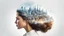 Placeholder: white background, Magical secret on the top of a woman's head, in her hair, double exposure, high resolution, fine rendering, high detail, 3D, city on her head, fantasy,