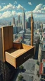 Placeholder: Make an open drawer of a cabinet inside it a surreal modern city with buildings and streets from top view Bosch painting style