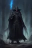 Placeholder: The commander wears a black cloak and a long coat with long combat boots and a long spear with a hat under his cloak with blue flame eyes, a sword like a spear