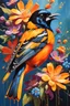 Placeholder: vibrant and energetic painting featuring a Baltimore Oriole a side profile, adorned with an array of colorful flowers. The bird's eyes are detailed and expressive, capturing its lively spirit.