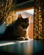 Placeholder: a photo of a cat hiding behind a curtain, caustics shadows reflected on its face, polygon shape shadows on her coat, an example of saul leiter's work, sun - rays beams, projection mapping, its face covered with shadows reflected from polygon lace curtains.