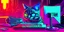 Placeholder: An alien, one-eyed cat, working on a computer, synthwave style