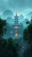 Placeholder: realistic photo of a landscape covered in bamboo trees that looks futuristic with futuristic lighting, ancient tower building in the middle