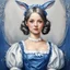 Placeholder: Maid with rabbit ears in blue and silver, background parlor, in enamel painting art style