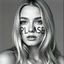 Placeholder: a blond model, it is written 'PLEASE' on her face, in the style of Henri Cartier-Bresson
