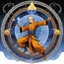 Placeholder: (in the style of Orion, by Masamune Shirow) a Shaolin monk casting a magic spell in the middle of a pentacle, magic is in the air