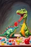 Placeholder: In this still life painting, a small plastic dinosaur is facing off with a gummy worm, both looking rather stern. The dinosaur has its tiny arms crossed in defiance, while the gummy worm seems to be attempting to reason with it. Meanwhile, a lone marshmallow sits nearby, looking bewildered by the whole situation. It's a humorous take on the clash between toys and sweets, with a touch of dry wit.