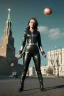 Placeholder: retro portrait image from 1960, Moscow background, wind, long hair, fighting stance, sweet young Scarlett Johansson, classic black tight lycra suit, metal stick weapon, gold bracelet and belt, high heel boots, soft color, highly detailed, unreal engine 5, ray tracing, RTX, lumen lighting, ultra detail, volumetric lighting, 3d, finely drawn, high definition, high resolution.