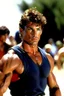 Placeholder: 20-year-old, extremely muscular, short, curly, buzz-cut, military-style haircut, pitch black hair, Paul Stanley/Elvis Presley/Pierce Brosnan/Jon Bernthal/Sean Bean/Dolph Lundgren/Keanu Reeves/Patrick Swayze/ hybrid, as the extremely muscular Superhero "SUPERSONIC" in an original patriotic red, white and blue, "Supersonic" suit with an America Flag Cape,