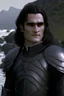 Placeholder: A portrait of Joaquin Phoenix in his early 30s, long beachy haircut, black hair, on a rocky island, in ebony armor from Skyrim, melancholic and dangerous facial expression, half-smiling