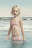 Placeholder: Illustration of model gemma ward as toddler,at the sea, bathing, bikini,style of Marcel Marlier, pastel colors