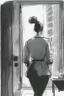 Placeholder: woman with a bun walking away out of someone's office with big windows sketch style