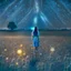 Placeholder: photo of a young woman in field at night with lots of stars, looking at a UFO