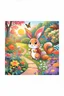 Placeholder: Upclose amazing orange sunset in the background of a beautiful garden , child book illustration style, view from behind of the bunny, butterfly and squirrel looking at the orange sunset