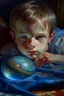 Placeholder: book cover, oil painting portrait of metallic sleeping slightly cute smirking innocent blue eyed vampire holding small earth on a platter on a towel, bokeh , high detail, smooth render, prize winning, down light, depth of field, aura, in wind