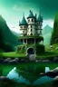 Placeholder: A futuristic abandoned castle in between of green mountains with a pond in it and a cat with two legs standing on one leg