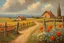 Placeholder: Fence, flowers, mountains, rocks, dirt road, distant house, clouds, nostalgy and holiday influence, ernest welvaert, hans am ende, and walter leistikow impressionism paintings