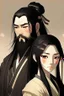 Placeholder: Traditional Japanese anime woman, long black hair, with bearded man with short hair