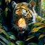 Placeholder: close up of an almost invisible Tiger HIDDEN behind amongst jungle leaves, oil on canvas in the style of Daniel Gerhartz