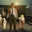 Placeholder: Walter White and his family with a train, 8k, realistic body, with a fedora, at night background,